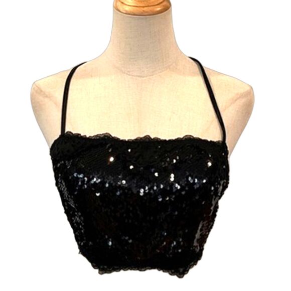 Victoria's Secret Black Sequin Crop Top Lace Up Back XXL 2XL NEW TOP ONLY - Picture 3 of 10